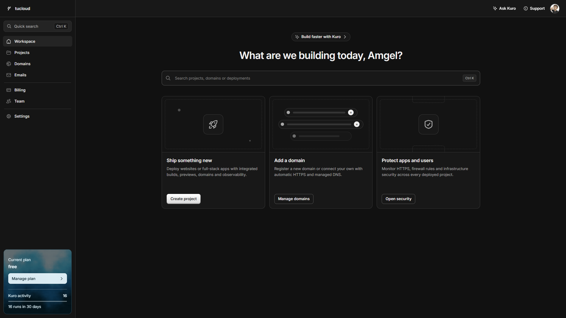 Tucloud dashboard showing projects, domains, security and Kuro